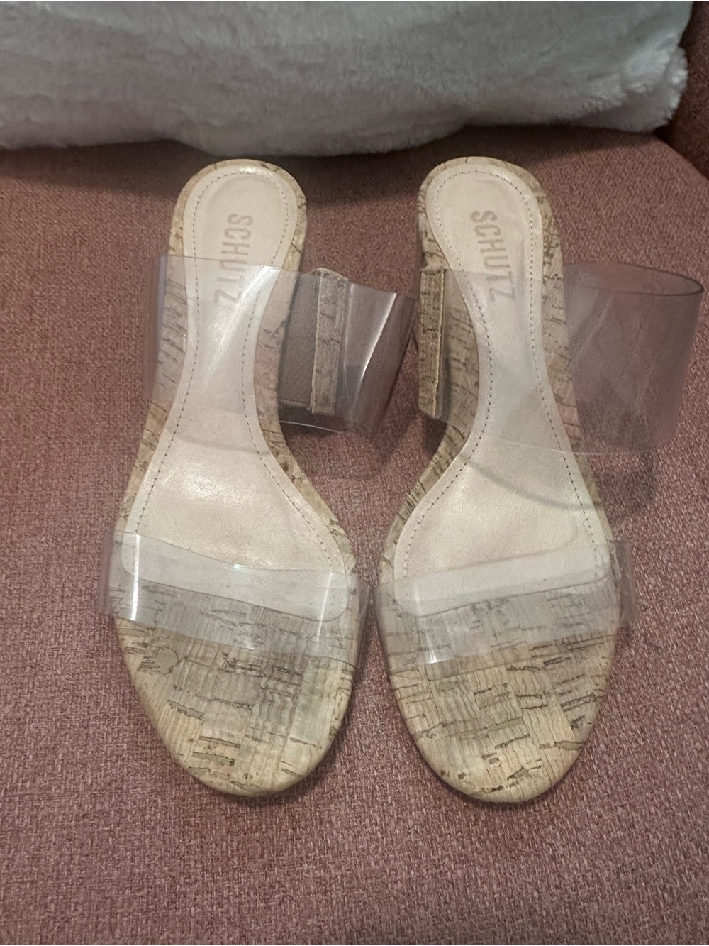 SCHUTZ size 7B Clear Strap Cork Block Heel Mules in Natural